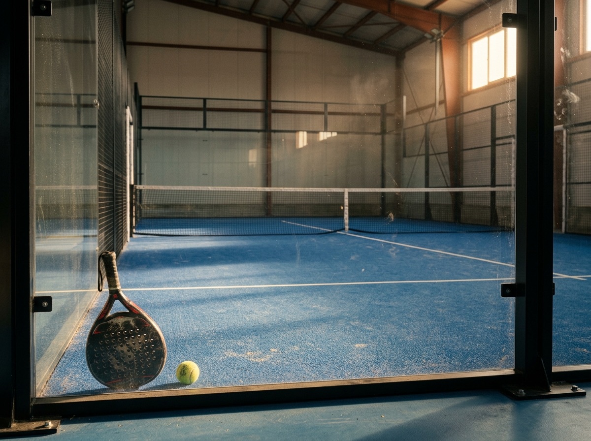 Tom padelbana i varmt solljus med racket och boll